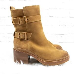 Naturalizer‎ Camel Brown Suede Buckle Chunky Block Heel Mid Calf Ankle Boots 9.5